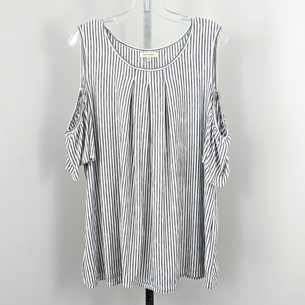 Max Studio Cold Shoulder Stripe Bell Sleeve Top Black‎ White 2X